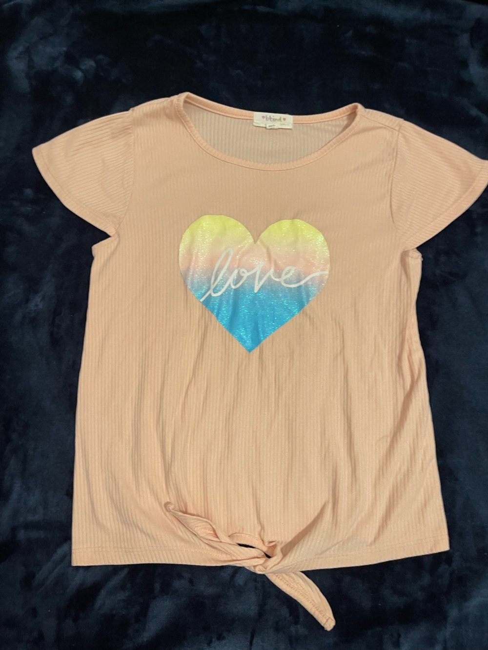 Girls Peach Short Sleeve Tee with Rainbow Heart Graphic and Front Tie